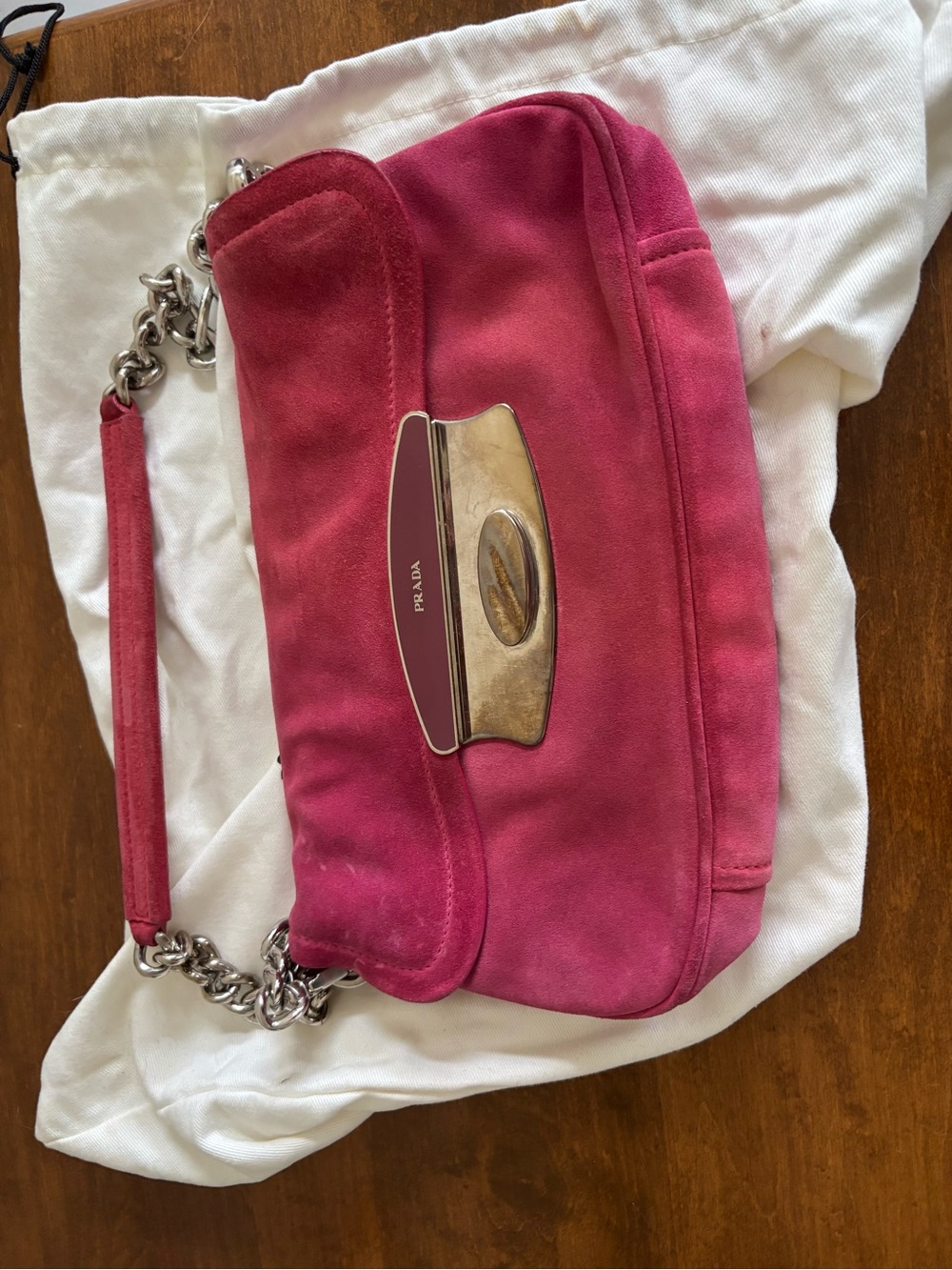 Prada Fuchsia Suede Shoulder Bag with Chain Strap